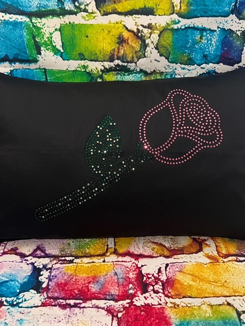 Black Decorative Pillow with Rhinestone Rose Accent [41R]